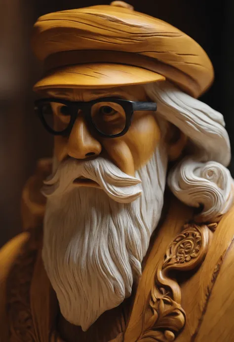 A video showing the process of hand-carving a wooden sculpture with intricate details.,original,He has a long white beard and is close to 70 years old. He wear wore rimmed glasses and a yellow safety hat at all times