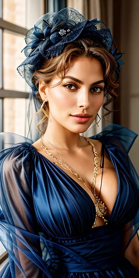 eine Frau (Eva Mendes) mit einem blauen Kleid, Kleid hat einen sehr tiefen Ausschnitt, Detailed beautiful portrait, Beautiful portrait of a woman, Detailed beauty portrait, beautiful breasts, more voluptuous, Seductive, erregender Gesichtsausdruck, Verlang...