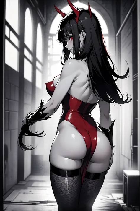 Color Splash art work, Vampirella from behind, bent over looking at the viewer over her shoulder, black and grey monochrome color scheme, extremely sheer, pretty much see through red negligee on Vampirella, almost naked, 8k