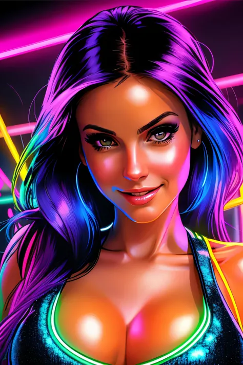 analog style, woman, (neon lights:1.1), glowing colors, (thepit bimbo:0.5), glossy, sexy,

[Nina Dobrev|Lana Del Rey],, looking at viewer, naughty smile,  symmetric, centered, closeup, extreme closeup, upper body, cleavage focus,
milf, feminine, athletic, ...