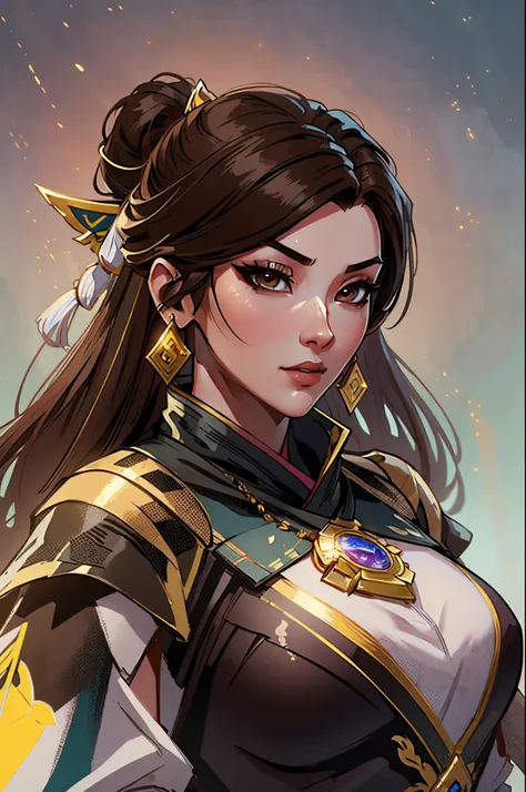 a close up of a woman in her 30s, with brown eyes and brown hair, wearing a black and tan arabian clothes, a heroine with brown eyes, female holding bow and arrow, female archer with bow and arrow, standing in an arabian temple, new costume concept design,...