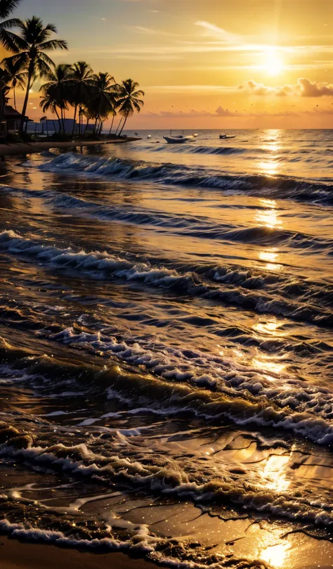 (best quality, 8k, very high resolution, master piece: 1.2), paradisiacal beach at dusk, the golden light of the sun reflects on...