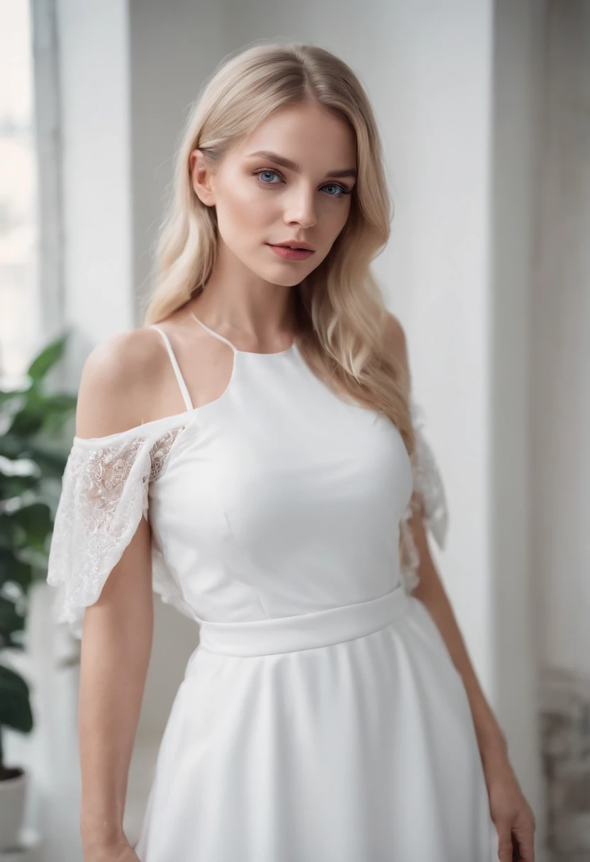 Realistic White Female Instagram Influencer, Best Quality, Blonde, 1 Girl, Blue Eyes, in White Tight Short Dress