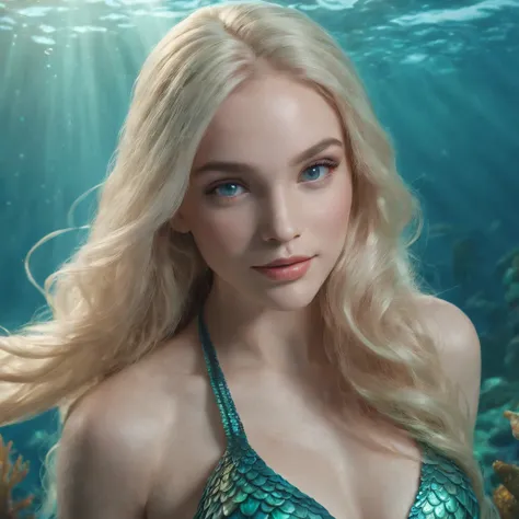 (professional 3d render:1.3) ((Mermaid swims all over)) (Realistic:1.3) most beautiful artwork photo in the world，(((Blond long hair))), ((Blue eyes)), Caucasians, ((long mermaid tail)), (((Detailed mermaid fins))), full body, topless, sport, Features: Sof...