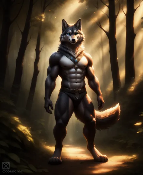 anthro wolf standing in a forest, smiling, gorgeous eyes, whole body, detailed style, dynamic pose, photography,
goodstuffV1