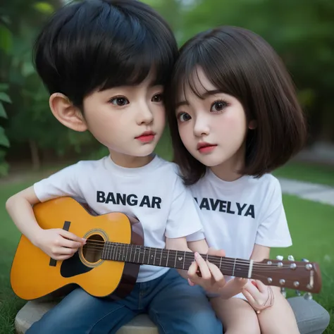 there are two people sitting next to each other with a guitar, boy and girl, lovely couple, couple, realistic anime 3 d style, kawaai, bjd, realistic cartoon, cartoon style, artwork in the style of guweiz, detailed image, cute cartoon, anime styled 3d, car...