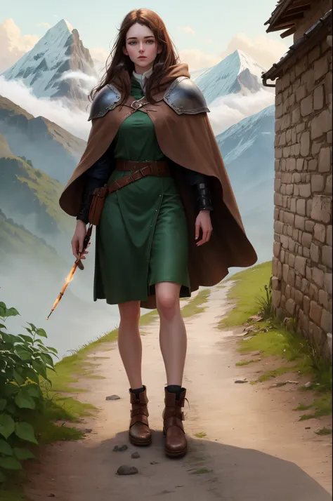 DND character. Female druid. Human. Hermit Background. Lives alone in the mountains. Pale skin. 5 feet 11 inches. 215 lbs. Green eyes. Long dark brown hair. 30 years old. Wears leather armor. Basic clothes. Large green and brown cloak. Carries a long cigar...