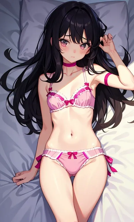 1 girl in, Underwear, Cute, Little、Pink underwear、A slender、Longhaire、17 age、Dark hair、embarassed expression