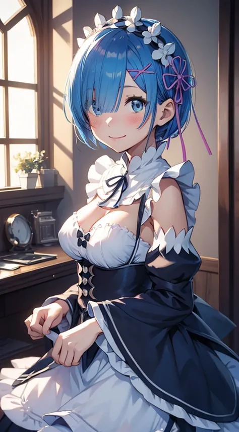 blue hair, rem (re:zero), [smile], blush, castle,, masterpiece, best quality, perfect lighting, 1girl, skirt, small breasts,