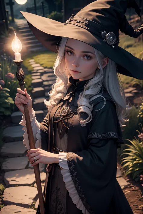 Witch on a broomstick, moonlight, looks at the camera, To be a witch is to be a healer, teacher, seeker, giver, and protector of all things. If this is your path, may you walk it with honour, light and integrity, love and light all, diffuse lighting