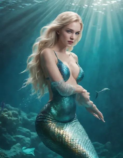 (professional 3d render:1.3) ((Mermaid swims all over)) (Realistic:1.3) most beautiful artwork photo in the world，(((Blond long hair))), ((Blue eyes)), Caucasians, looking like Liv Tyler ((long mermaid tail)), (((Detailed mermaid fins))), full body, toples...