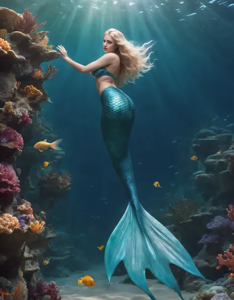 (professional 3d render:1.3) ((Mermaid swims all over)) (Realistic:1.3) most beautiful artwork photo in the world，(((Blond long hair))), ((Blue eyes)), Caucasians, looking like Liv Tyler ((long mermaid tail)), (((Detailed mermaid fins))), full body, toples...