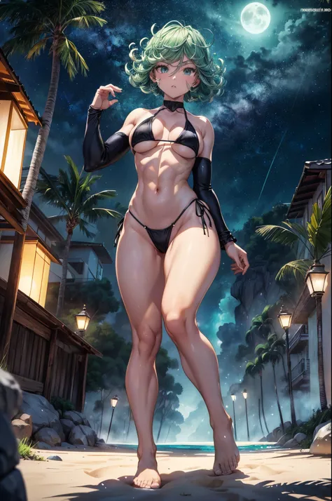 Tatsumaki de um homem de soco, cabelo verde curto, olhos verdes, peito pequeno, (((wearing bikini))), whole body view, (Standing on the beach at night with starry sky and full moon), (((pernas musculosas))), cintura fina, muscle in the stomach, bunda grand...