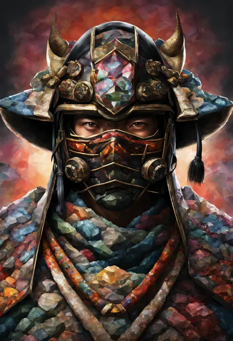 The realistic face of a Japanese ronin with his mask and helmet made of multicolored diamond and presious rock, its realistic and detailed.