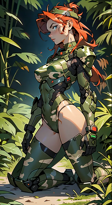 1woman 20 years old, max resolution, sculpted, military, wearing a soldier helmet, beautiful, perfect body, red hair, blue eyes, perfect body, thin waist, wide hips, large breasts, slim thighs, jungle background, armored vehicle, military robot dog, camouf...