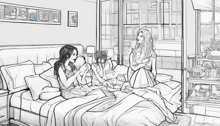 a drawing of three girls sitting on a bed talking to each other, intense line art, line art colouring page, cell shaded adult animation, simple lineart, bold lineart, clean lineart, whole page illustration, art in the style of terry moore, sitting pose, in...