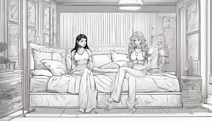 a drawing of three girls sitting on a bed talking to each other, intense line art, line art colouring page, cell shaded adult animation, simple lineart, bold lineart, clean lineart, whole page illustration, art in the style of terry moore, sitting pose, in...