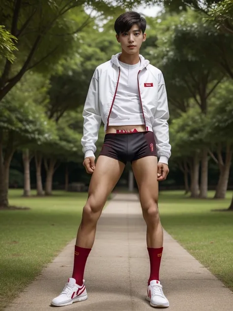 16 years old teenagers , very young , light-skin , wearing an dark red sexy underwear, tmasterpiece，k hd，the feet，Transparent sports vest，semi transparent，black long socks，The barefoot , red colour , handsome and cute , extreme cute boy , white skin , dark...