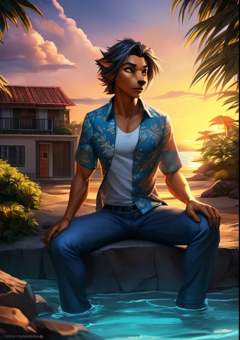 Enviado em E621, [(por Homogenousrule, por Wildering, por Foxovh, por Catcouch)::0.85],
sozinho (((Lance krager), Three-quarter portrait) wear blue Hawaiian floral shirt with blue gray pants),
(Sitting on island with plant and water at dusk at night, Cloud...