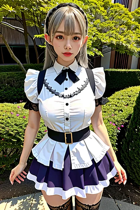 (masterpiece), best quality, high resolution, extremely detailed, detailed background, cinematic lighting, outdoor, 1girl, elf, medium hair, silver hair, crossed bangs, purple eyes, medium breasts, white shirt, black dress, drastic hair ornaments, skirt, f...