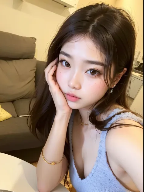 um close up de uma mulher sentada em uma mesa com um prato de comida, menina coreana, Ulzzang, young adorable korean face, Mulher sul-coreana bonita, linda mulher coreana jovem, Fotografia selfie 8k, mulher coreana jovem bonita, young cute wan asian face, ...