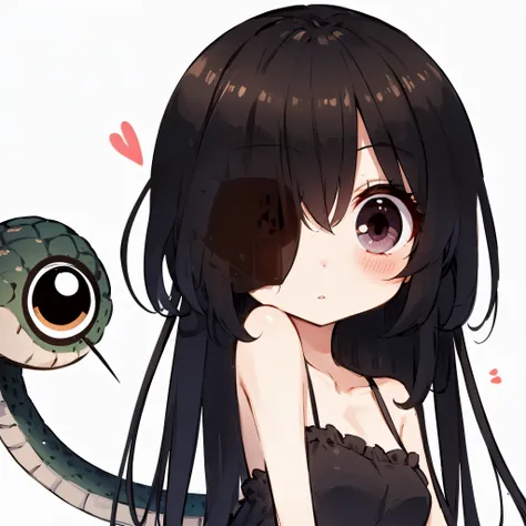 girl with black hair. Her bangs have grown and cover one eye.. her googly eyes. Reptile tail.