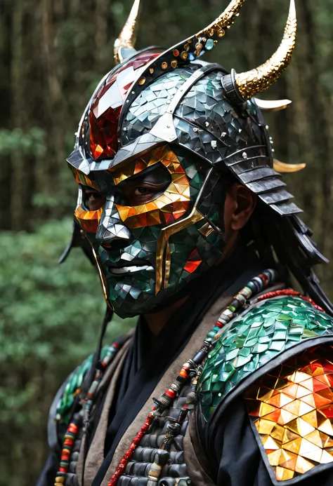 the realistic face of a japanese biomeca ronin with his mask and helmet made of multicolored diamond and presious rock, it's rea...