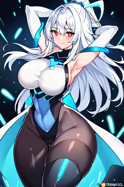 1girl, white hair, large breasts, breasts, thick thighs, wide hips, red eyes, bodysuit, black bodysuit, pantyhose, long hair, light smile, happy, science-fiction, tech, futuristic, black pantyhose, thighhighs, neon, machinery, hair ornament, ornament, neon...