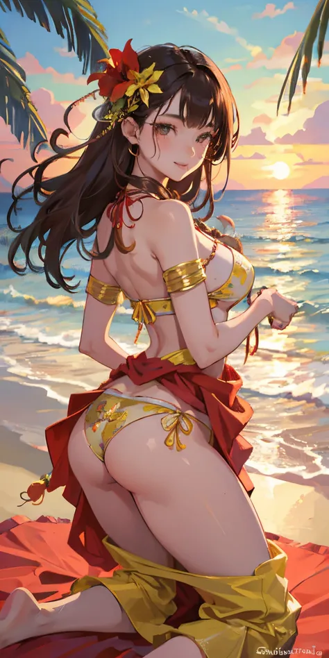 16 year old girl with a realistic smile、wink sunset sunset beautiful face smile、Buttock emphasis、Kneeling、A super close-up shot looking back from underground that emphasizes the buttocks、Slightly thicker emphasis on the thighs、She is wearing a micro bikini...