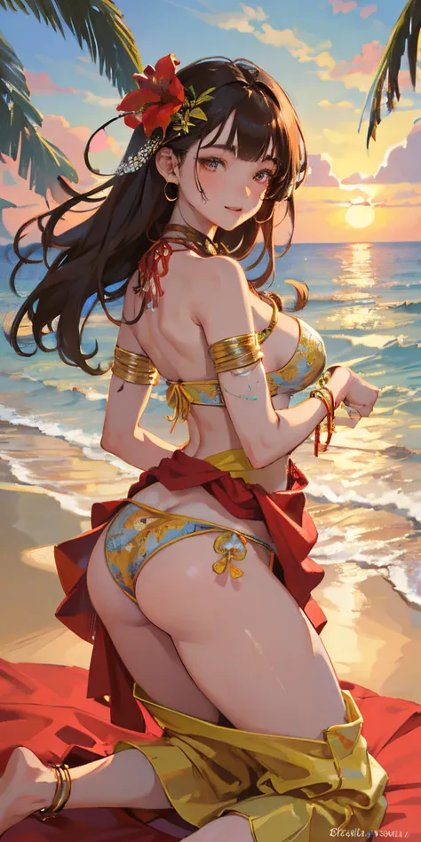 16 year old girl with a realistic smile、wink sunset sunset beautiful face smile、Buttock emphasis、Kneeling、A super close-up shot looking back from underground that emphasizes the buttocks、Slightly thicker emphasis on the thighs、She is wearing a micro bikini...