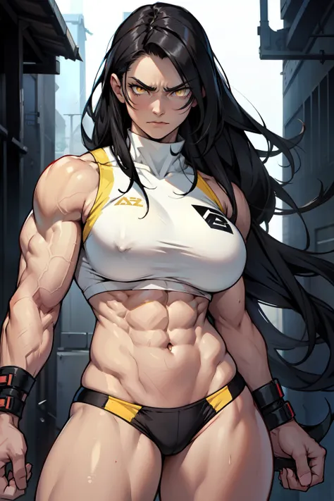 1girl black hair yellow eyes very long hair pale skin angry bodybuilder huge breasts muscular toned body long abs