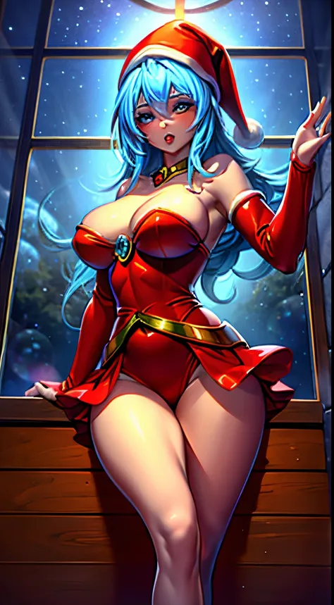 Beautiful and sexy Santa Claus girl with a sexy shape that fits in a beautiful Santa Claus suit, Many complex designs of fir trees....,cuerpo delgado, ojos azules. cabello rubio. labios rojos. Tetas enormes, Cintura delgada. In a magical and cozy cabin ful...