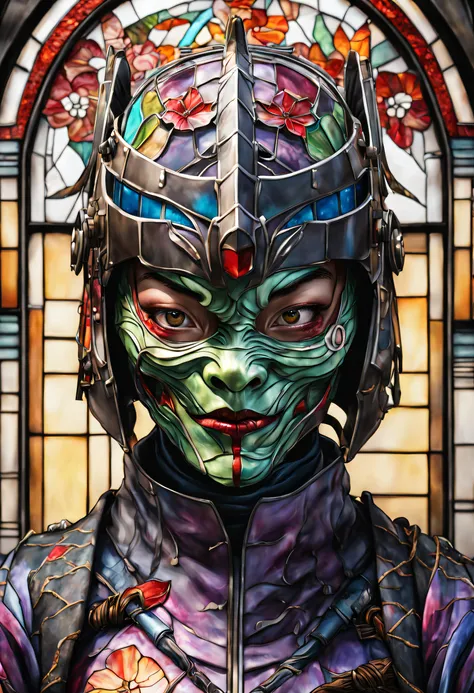 The realistic face of a zombie Japanese women ronin with his mask and helmet made of multicolored Stained glass, its realistic and detailed.