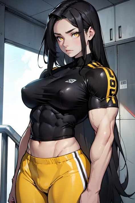 sad ((1girl bodybuilder)) pale skin black hair very long hair yellow eyes large breasts long abs