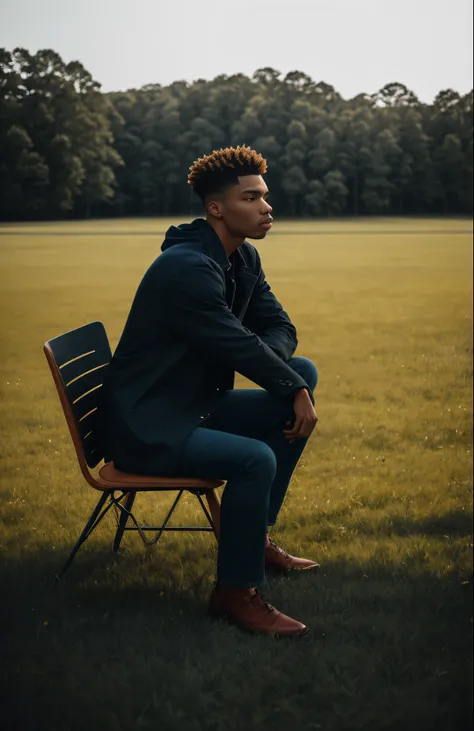 there is a man sitting on a chair in the grass, an album cover by Caro Niederer, unsplash, realism, photo in style of tyler mitchell, smooth in _ the background, very very low quality picture, mid shot portrait, photo portrait, profile shot, cool pose, low...