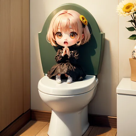 ​masterpiece、top-quality、ultra-detailliert、(Chibi Charas Daughter:1.2)、Toilet room、sit on the chibi toilet、Long live your hands、Open your mouth and rejoice、The wallpaper is William Morris&#39;wild chrysanthemum wallpaper.