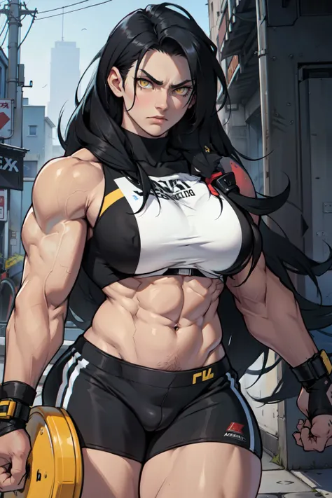 1girl black hair yellow eyes very long hair pale skin angry bodybuilder huge breasts muscular toned body long abs