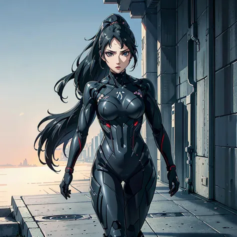 sae niijima, braided ponytail , black hairs, turquoise eyes, makeup, wearing a black crysis nanosuit, wide shot, high resolution...