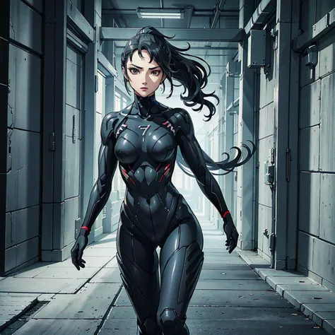 Sae Niijima, braided ponytail , black hairs, turquoise eyes, Makeup, wearing a Black crysis nanosuit, Wide Shot, High resolution, Ultra-pointu, 16k, Masterpiece, walking to the viewer,