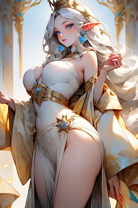 ((best quality)), ((masterpiece)), (detailed), albino queen, elves queen of stars and light, deep blue eyes, long white hairs, curly hairs, light sparkles, elegant grey silver dress, little silver stars accessories, large breast, curvy, white starry crown,...