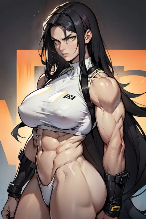 1girl black hair yellow eyes very long hair pale skin angry bodybuilder huge breasts muscular toned body long abs