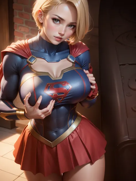 one Beautiful supergirl with short hair identified body with (big breasts:1.1), wears Supergirl suit, red skirt, detailed fingers,beautiful hands, (massive biceps:1.2)