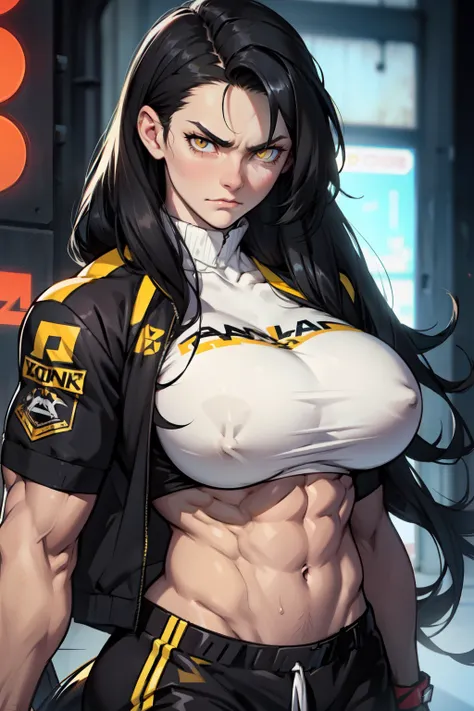 1girl black hair yellow eyes very long hair pale skin frowning bodybuilder huge breasts muscular toned body long abs