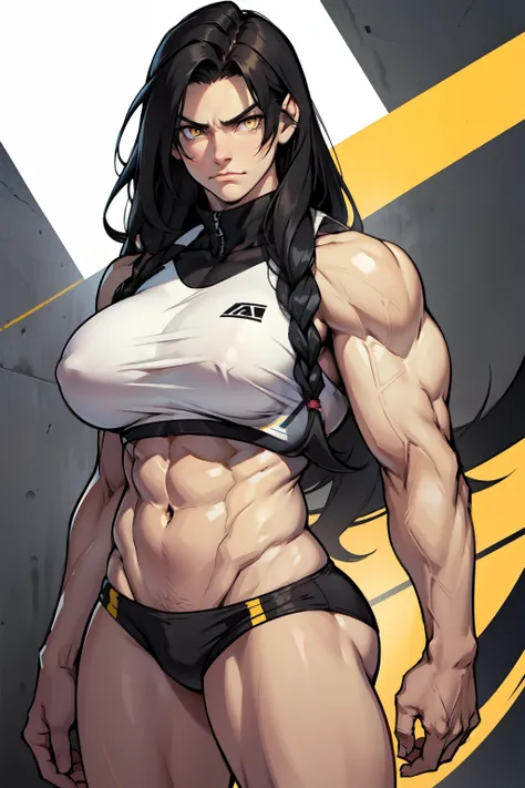 1girl black hair yellow eyes very long hair pale skin frowning bodybuilder huge breasts muscular toned body long abs