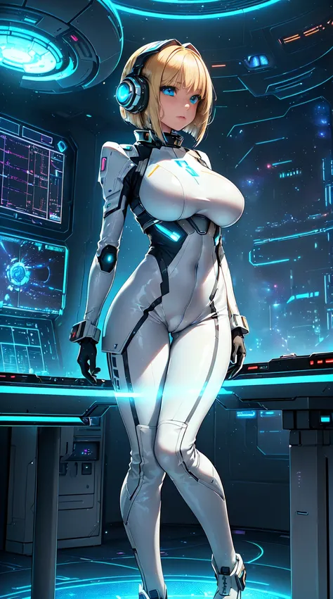 ​masterpiece:1.4, 1girl in ((20yr old, Wearing a futuristic white and silver costume, Tight Fit Bodysuit, long boots, Very gigantic-breasts, Multicolored blonde hair, a short bob, Perfect model body, Blue eyes:1.4, Wearing headphones, Flirting, Looking out...