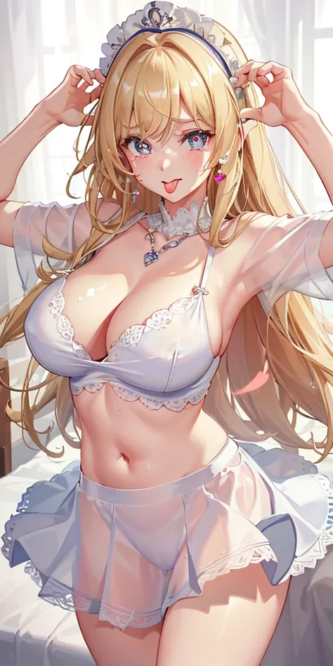 (Masterpiece: 1.4), (Best quality: 1.4), 8K, HD, ultra clear，1girl，（big breasts：1.4），blond hair,(Heart-shaped pupil:1.3),(Tongue out:1.2),scared:1.3，(cry:1.4),Bare abdomen，White lace underwear，Skirt，（Looking up），Bedroom at night，necklace，Messy clothes，long...