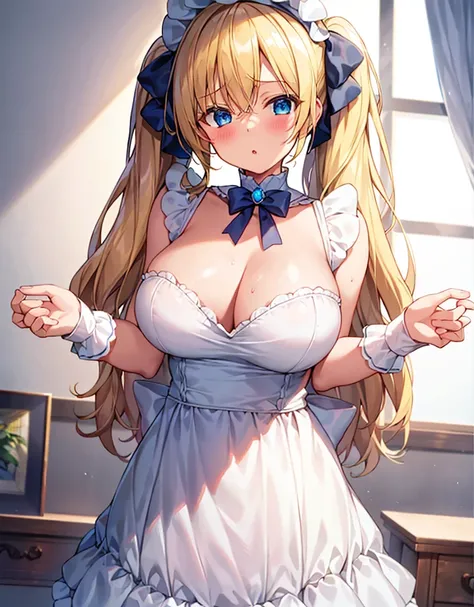 masterpiece,best quality,bed room,(very cute girl:1.4),blush,:o,Glowing and sweaty skin,(large breasts:1.3),maid headdress,maid costume,(twintails,long blonde hair:1.2) BREAK hair bow,drooping blue eyes, fuw,