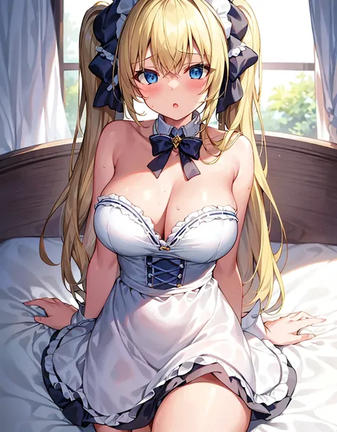 masterpiece,best quality,bed room,(very cute girl:1.4),blush,:o,Glowing and sweaty skin,(large breasts:1.3),maid headdress,maid costume,(twintails,long blonde hair:1.2) BREAK hair bow,drooping blue eyes, fuw,