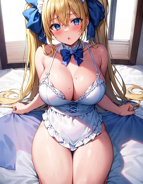 masterpiece,best quality,bed room,(very cute girl:1.4),blush,:o,Glowing and sweaty skin,(large breasts:1.3),maid headdress,maid costume,(twintails,long blonde hair:1.2) BREAK hair bow,drooping blue eyes, fuw,