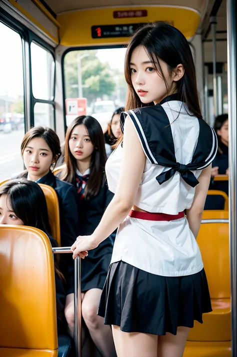 grasp、、High school girl in sailor suit grabs butt on bus、pleatedskirt、a beauty girl１a person、ember３a person、Grabbing the buttocks、molesting、Touching your buttocks on the bus、夏天、red blush、pantiy、zettai ryouiki、​masterpiece、8K、realisitic、Lori face